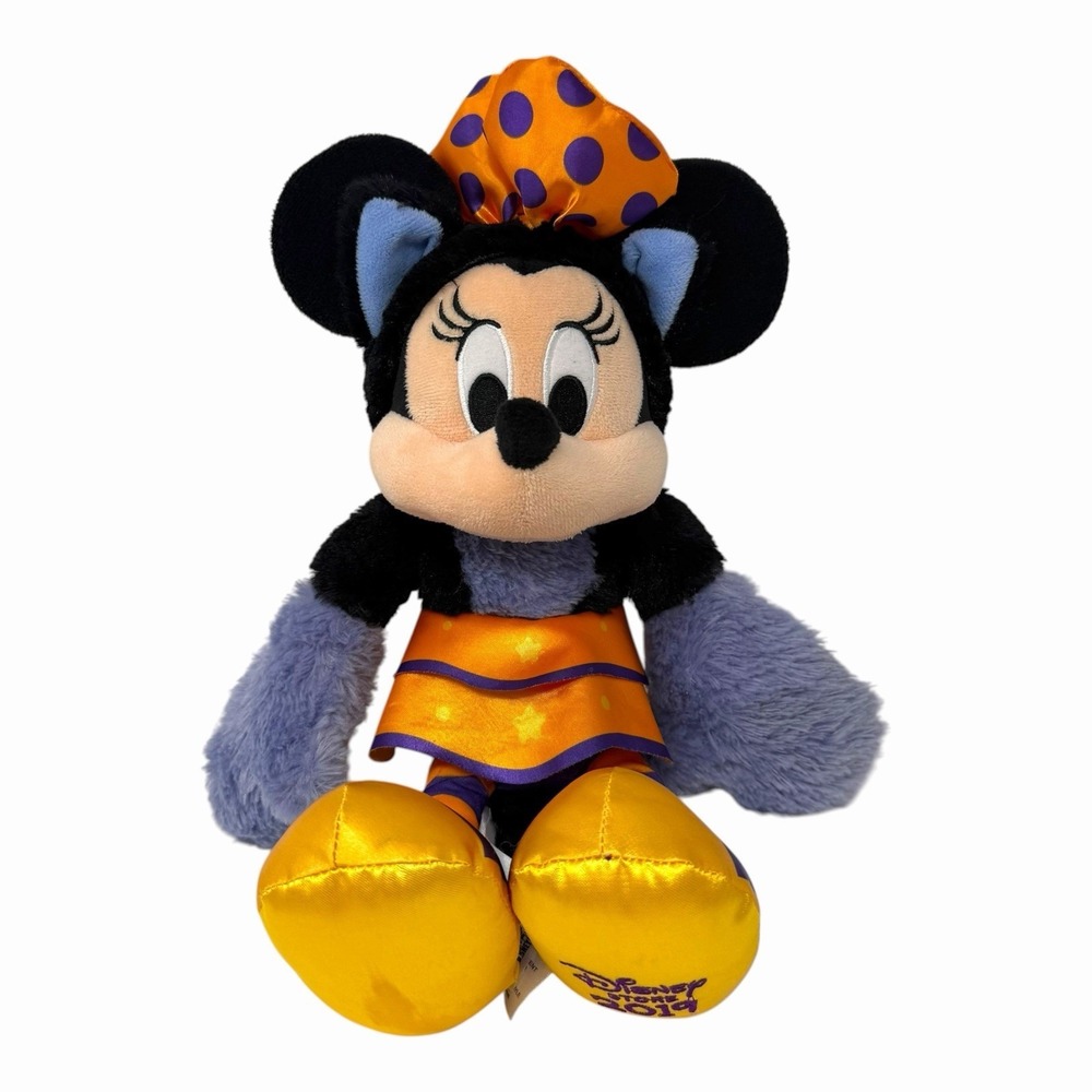 Disney Store 2014 Minnie Mouse Halloween Cat Plush Orange Purple Polka Dot 10in